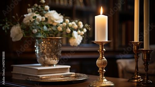 Amongst vintage decor, a stately gold candlestick asserts its presence, evoking a sense of regal grandeur and sophisticated charm