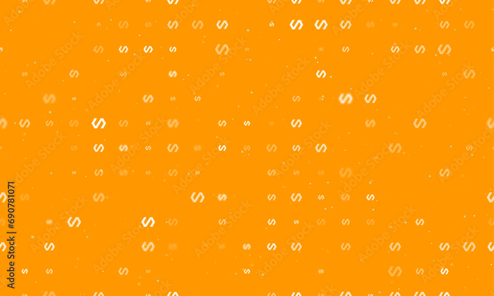 Seamless background pattern of evenly spaced white polymer symbols of different sizes and opacity. Vector illustration on orange background with stars Seamless background pattern of evenly spaced white polymer symbols of different sizes and opacity. Vector illustration on orange background with stars