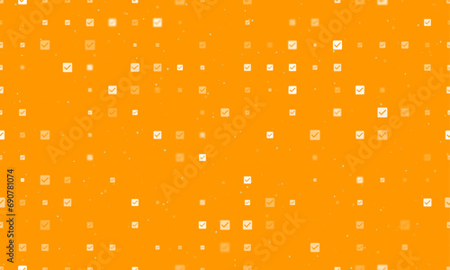Seamless background pattern of evenly spaced white checkbox symbols of different sizes and opacity. Vector illustration on orange background with stars photo