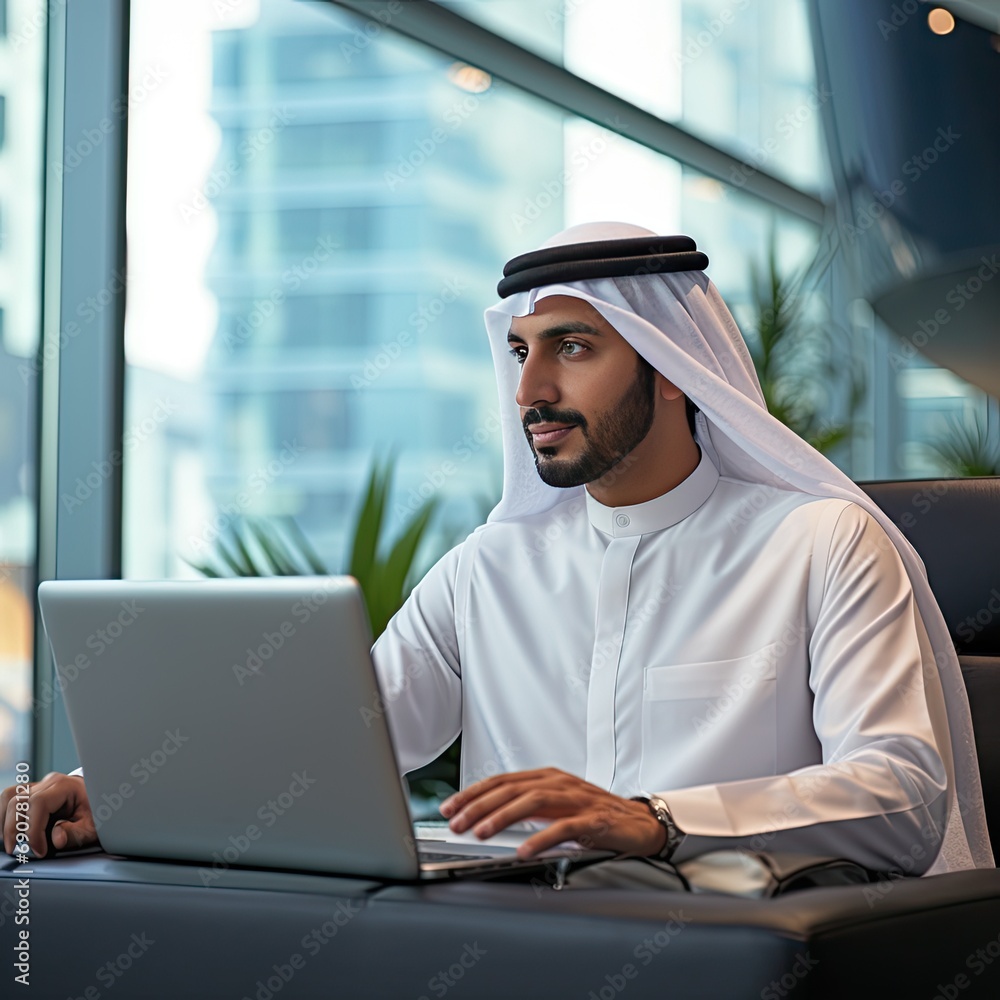 Adult Businessman Using Laptop in Office