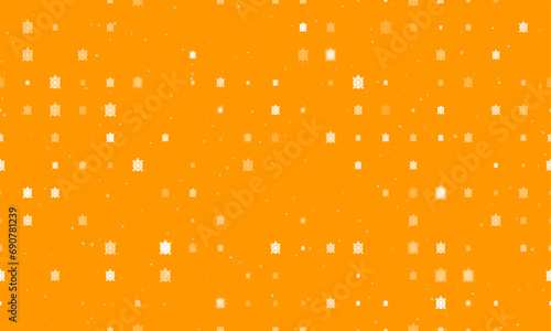 Seamless background pattern of evenly spaced white turtle symbols of different sizes and opacity. Vector illustration on orange background with stars