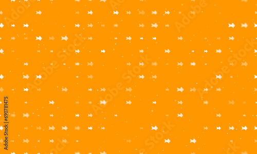Seamless background pattern of evenly spaced white gold fish symbols of different sizes and opacity. Vector illustration on orange background with stars