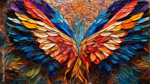 abstract background texture of an irregular mosaic in the shape of bird wings full of colors