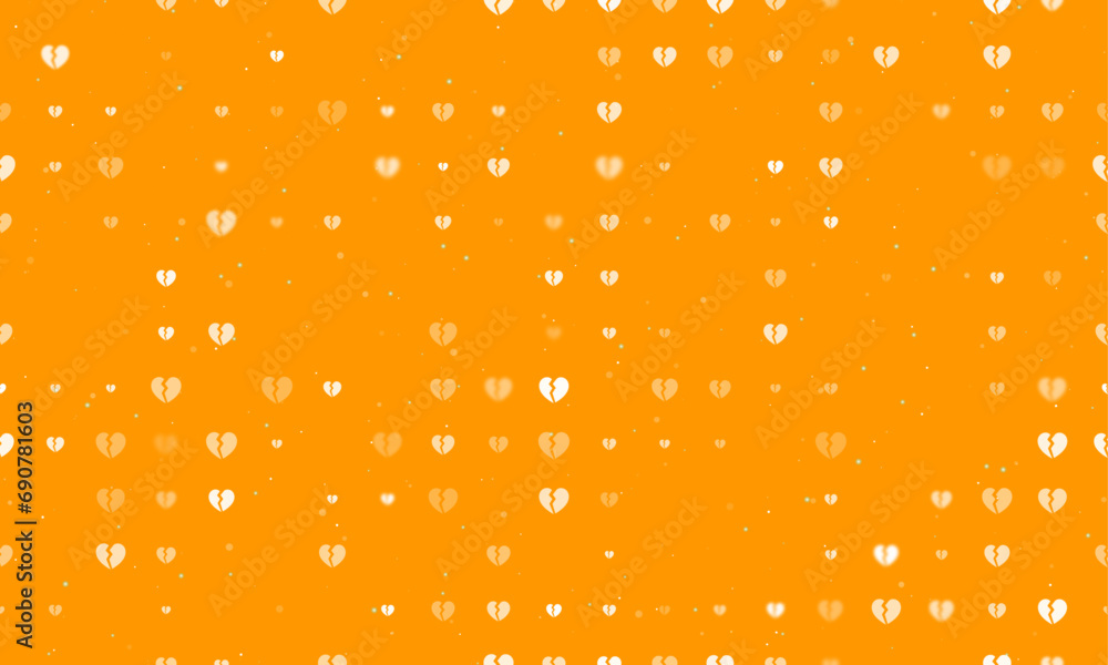 Seamless background pattern of evenly spaced white broken heart symbols of different sizes and opacity. Vector illustration on orange background with stars Seamless background pattern of evenly spaced white broken heart symbols of different sizes and opacity. Vector illustration on orange background with stars