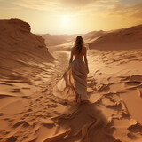 Woman in dress walking through the desert.
