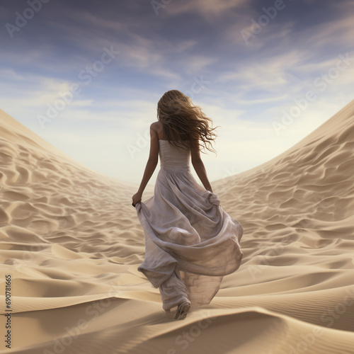 Woman in dress walking through the desert.