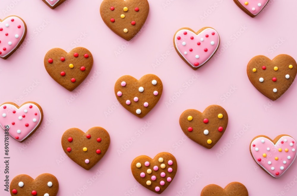 Assorted ginger heart cookies on pink surface