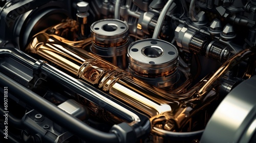 An abstract close-up of an engine compartment, where the gleaming motor oil accentuates the precision and inner workings of the machinery