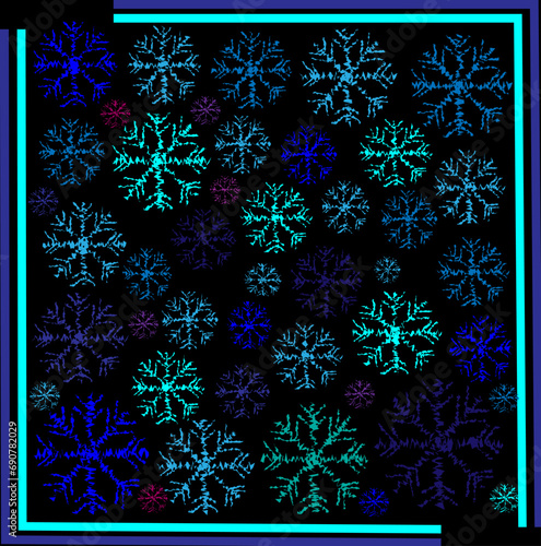 Vector festive New Year pattern in the form of multi-colored snowflakes on a black background
