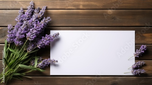 Lavender flowers with empty blank of greeting card on wooden background. Top view mock up