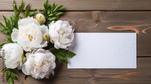 Bouquet of white peonies with empty blank of greeting card on wooden background. Top view mock up © Petrova-Apostolova