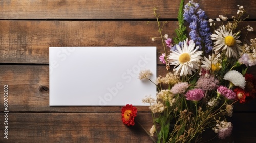 A bouquet of wildflowers with empty blank of greeting card on wooden background. Top view mock up