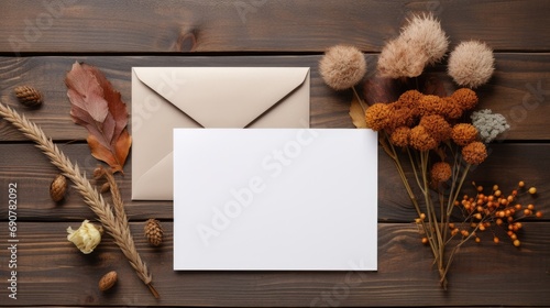 Envelope with mock up blank card, dry flowers on wooden background top view photo