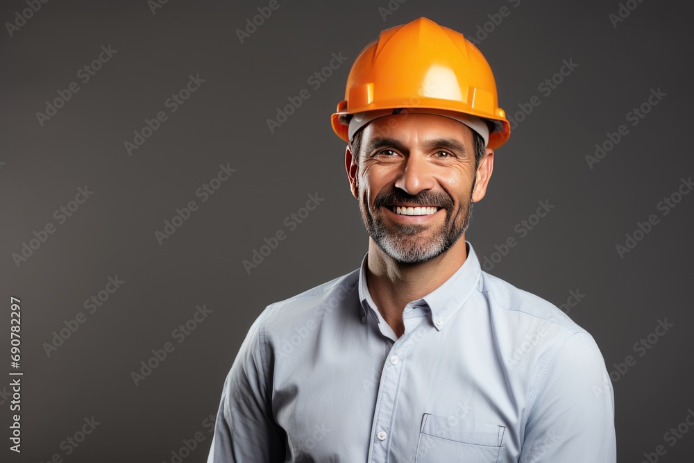Smiling Construction Worker in Hard Hat with a Blank Space for Copy.