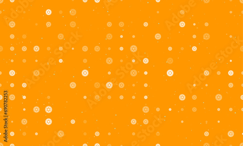 Seamless background pattern of evenly spaced white optic cable symbols of different sizes and opacity. Vector illustration on orange background with stars
