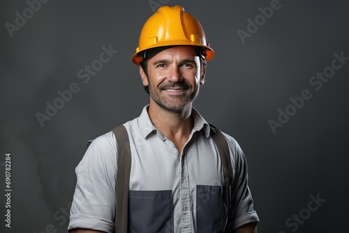 Smiling Construction Worker in Hard Hat Standing Indoors