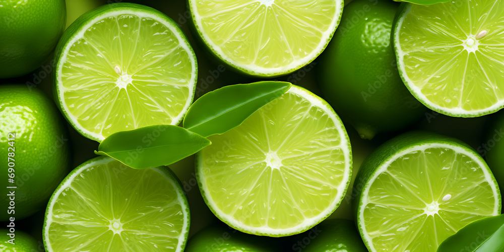 Top view fruit background with fresh cutted green limes