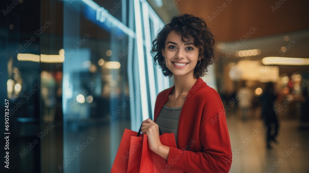 A happy woman with shopping bags in a mall. Generative AI. A happy woman with shopping bags in a mall. Generative AI.