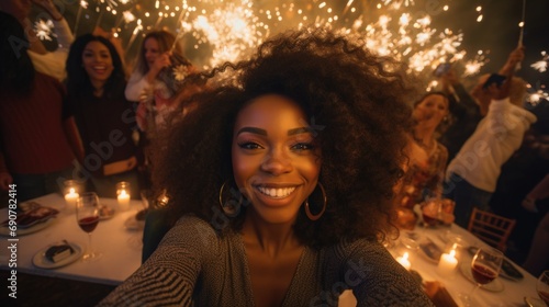 A young woman captures a fun moment with sparklers in the background. Generative AI.