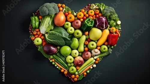 A vibrant assortment of heart-shaped vegetables and fruits  showcasing nature s bounty on a striking black background. Generative AI.