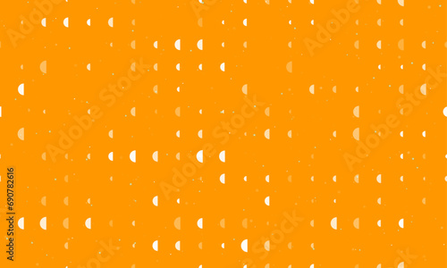 Seamless background pattern of evenly spaced white semicircle symbols of different sizes and opacity. Vector illustration on orange background with stars
