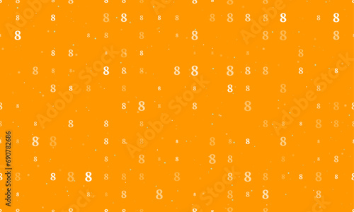 Seamless background pattern of evenly spaced white number eight symbols of different sizes and opacity. Vector illustration on orange background with stars