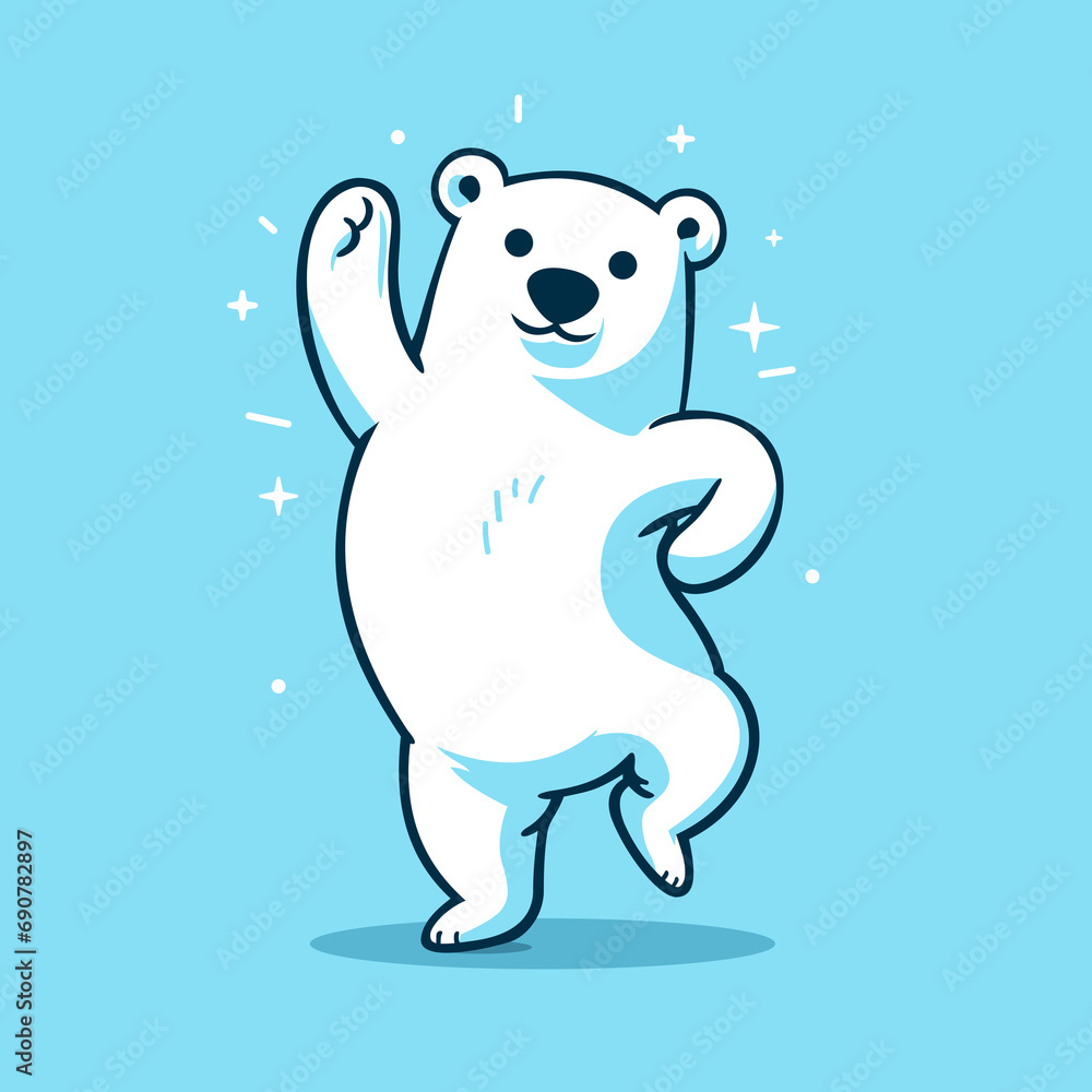 Happy White Polar Bear Standing Tall on its legs, dancing with his arm up, cartoon mascot, logo design