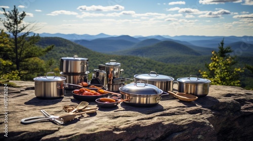 Fotografia An array of rugged, stainless steel camping cookware arranged on a rocky ledge o