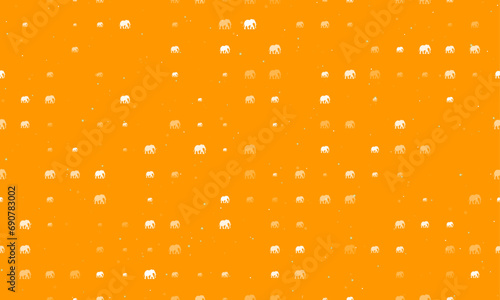 Seamless background pattern of evenly spaced white elephants of different sizes and opacity. Vector illustration on orange background with stars