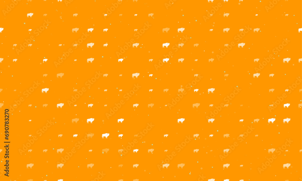 Seamless background pattern of evenly spaced white buffalo symbols of different sizes and opacity. Vector illustration on orange background with stars