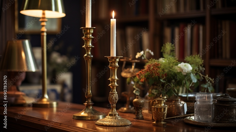 An intricate, antique gold candlestick stands proudly amidst a collection of cherished heirlooms, its graceful curves catching the soft ambient light