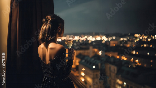 Successful and posh woman in an elegant black evening dress stands on a luxury balcony with a glass of champagne in her hands and looks at the evening lights of a European city. photo