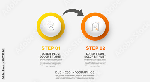 Vector modern infographic with 2 circles and arrows. 3D concept graphic process template with two steps and icons. Timeline for the business project on white background photo