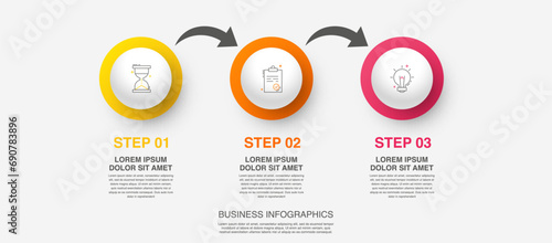 Vector modern infographic with 3 circles and arrows. 3D concept graphic process template with three steps and icons. Timeline for the business project on white background