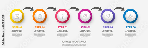 Vector modern infographic with 6 circles and arrows. 3D concept graphic process template with six steps and icons. Timeline for the business project on white background photo