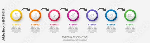 Vector modern infographic with seven circles and arrows. 3D concept graphic process template with 7 steps and icons. Timeline for the business project on white background