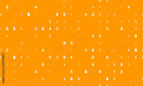 Seamless background pattern of evenly spaced white teddy bear symbols of different sizes and opacity. Vector illustration on orange background with stars