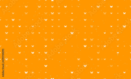 Seamless background pattern of evenly spaced white butterfly symbols of different sizes and opacity. Vector illustration on orange background with stars