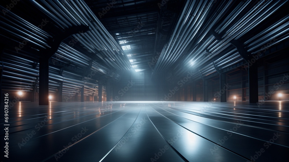 A cavernous metal warehouse filled with neatly organized metallic coils and sheets, their surfaces catching the subtle reflections of ambient lighting