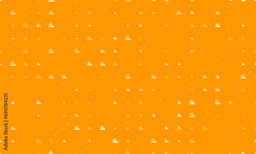 Seamless background pattern of evenly spaced white wild cactus symbols of different sizes and opacity. Vector illustration on orange background with stars