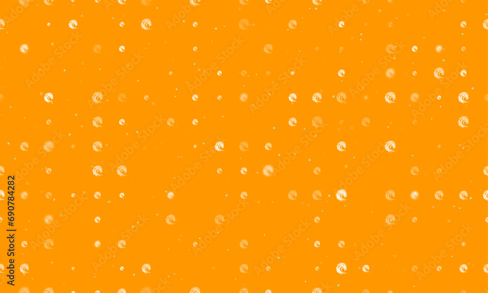Seamless background pattern of evenly spaced white dragon's head symbols of different sizes and opacity. Vector illustration on orange background with stars Seamless background pattern of evenly spaced white dragon's head symbols of different sizes and opacity. Vector illustration on orange background with stars