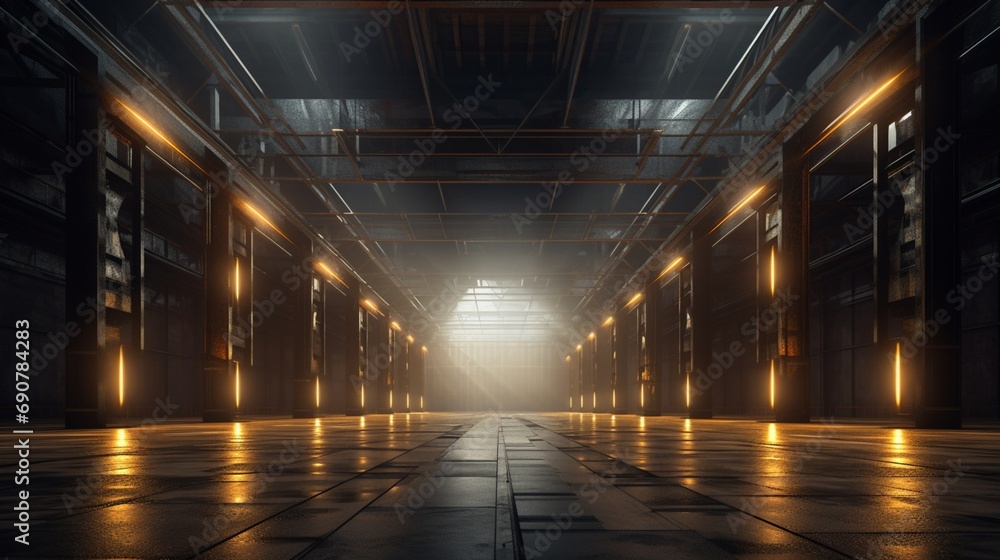 A cavernous metal warehouse housing glistening rows of stacked steel beams, reflecting the soft glow of overhead industrial lights