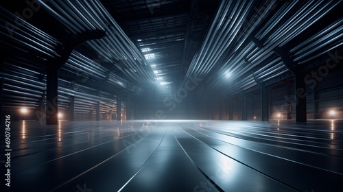 A cavernous metal warehouse filled with neatly organized metallic coils and sheets, their surfaces catching the subtle reflections of ambient lighting © ra0