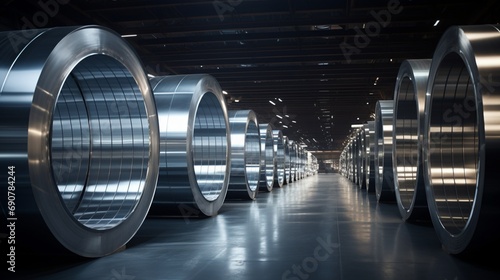 A cavernous metal warehouse filled with neatly organized metallic coils and sheets, their surfaces catching the subtle reflections of ambient lighting