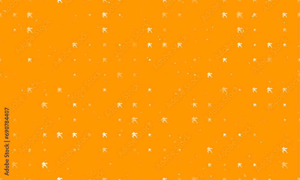 Seamless background pattern of evenly spaced white combat robots of different sizes and opacity. Vector illustration on orange background with stars