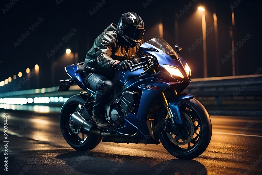 biker on a motorcycle on the road at night with cinematic lighting