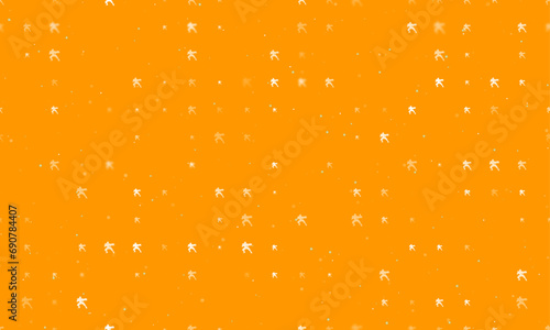 Seamless background pattern of evenly spaced white combat robots of different sizes and opacity. Vector illustration on orange background with stars