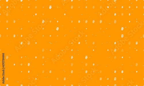 Seamless background pattern of evenly spaced white owl symbols of different sizes and opacity. Vector illustration on orange background with stars