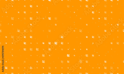 Seamless background pattern of evenly spaced white raccoon head symbols of different sizes and opacity. Vector illustration on orange background with stars