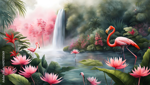 digital watercolor illustration of a foggy morning with a waterfall and pink flamingos, drawn flowers and a jungle,